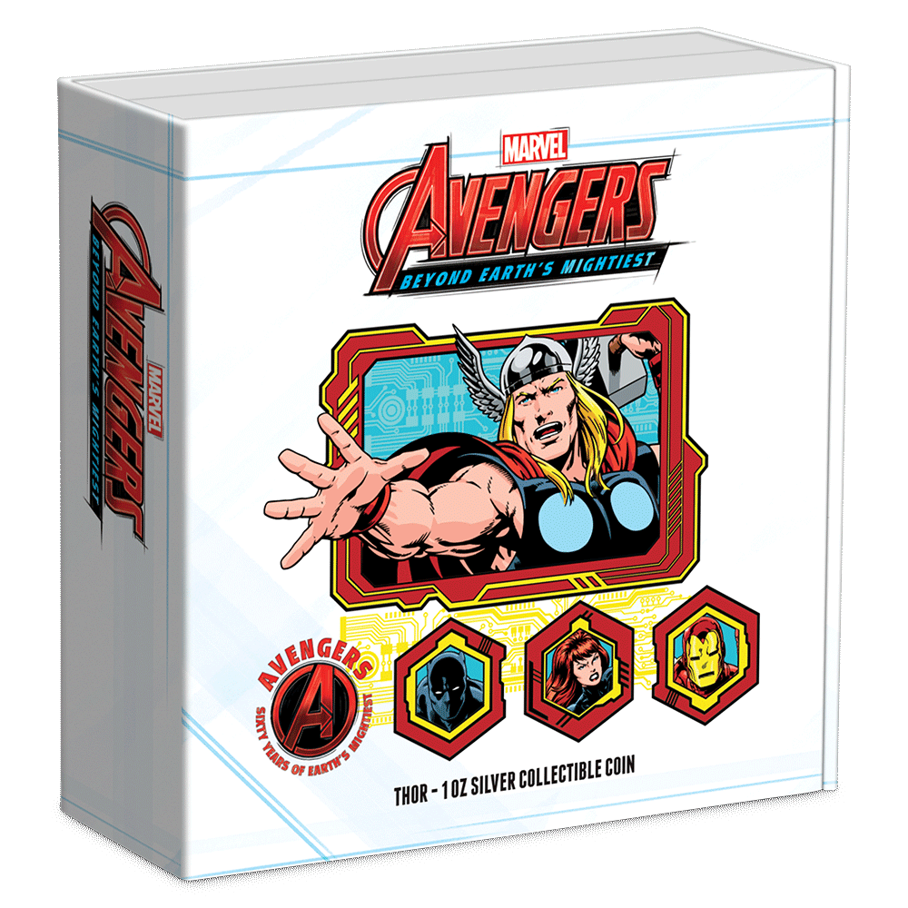 Marvel – Avengers 60th Anniversary – Thor 1oz Silver Coin Featuring Custom Book-Style Packaging and Coin Specifications.  