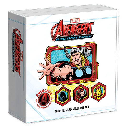 Marvel – Avengers 60th Anniversary – Thor 1oz Silver Coin Featuring Custom Book-Style Packaging and Coin Specifications.  