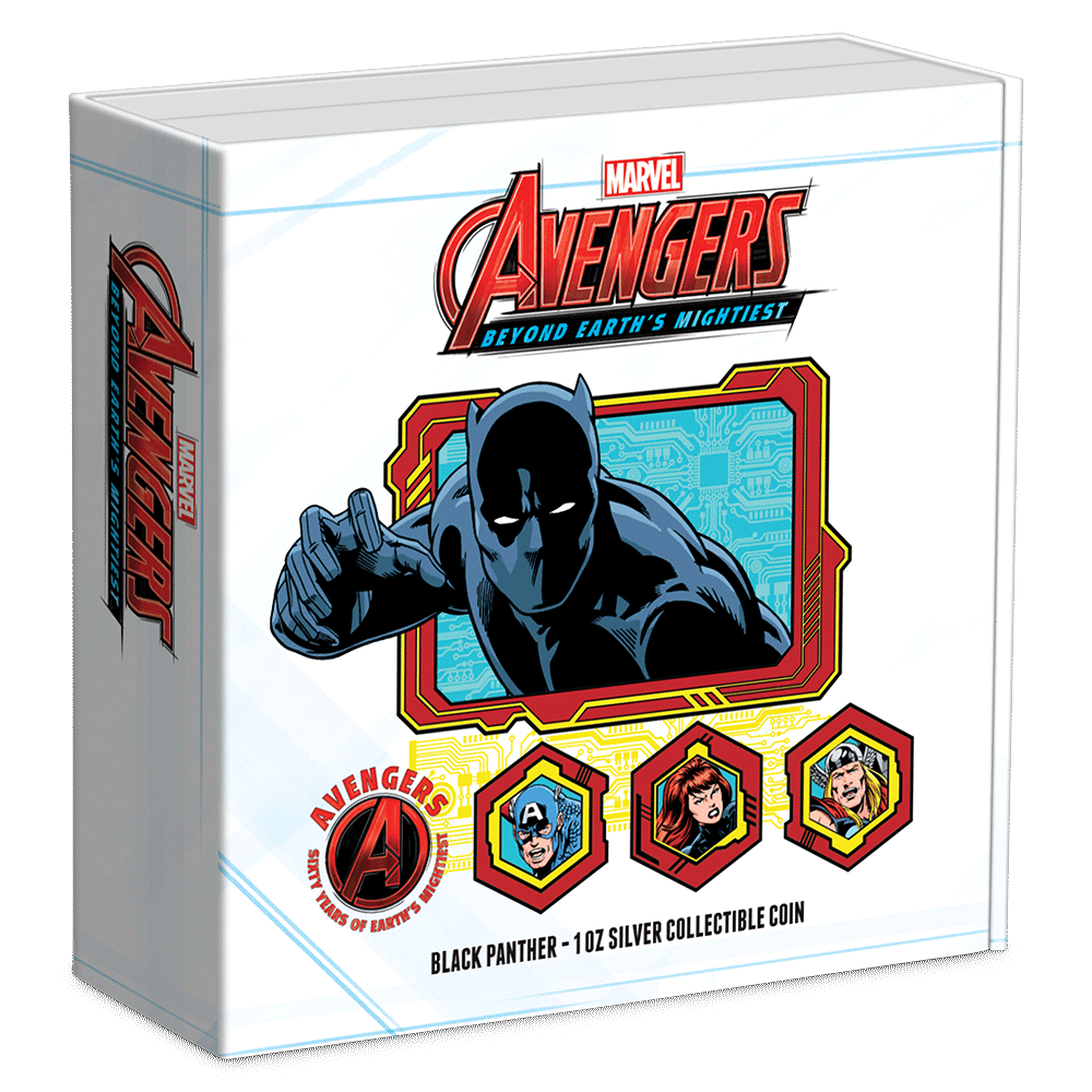 Marvel – Avengers 60th Anniversary – Black Panther 1oz Silver Coin Featuring Custom Book-Style Packaging and Coin Specifications.  