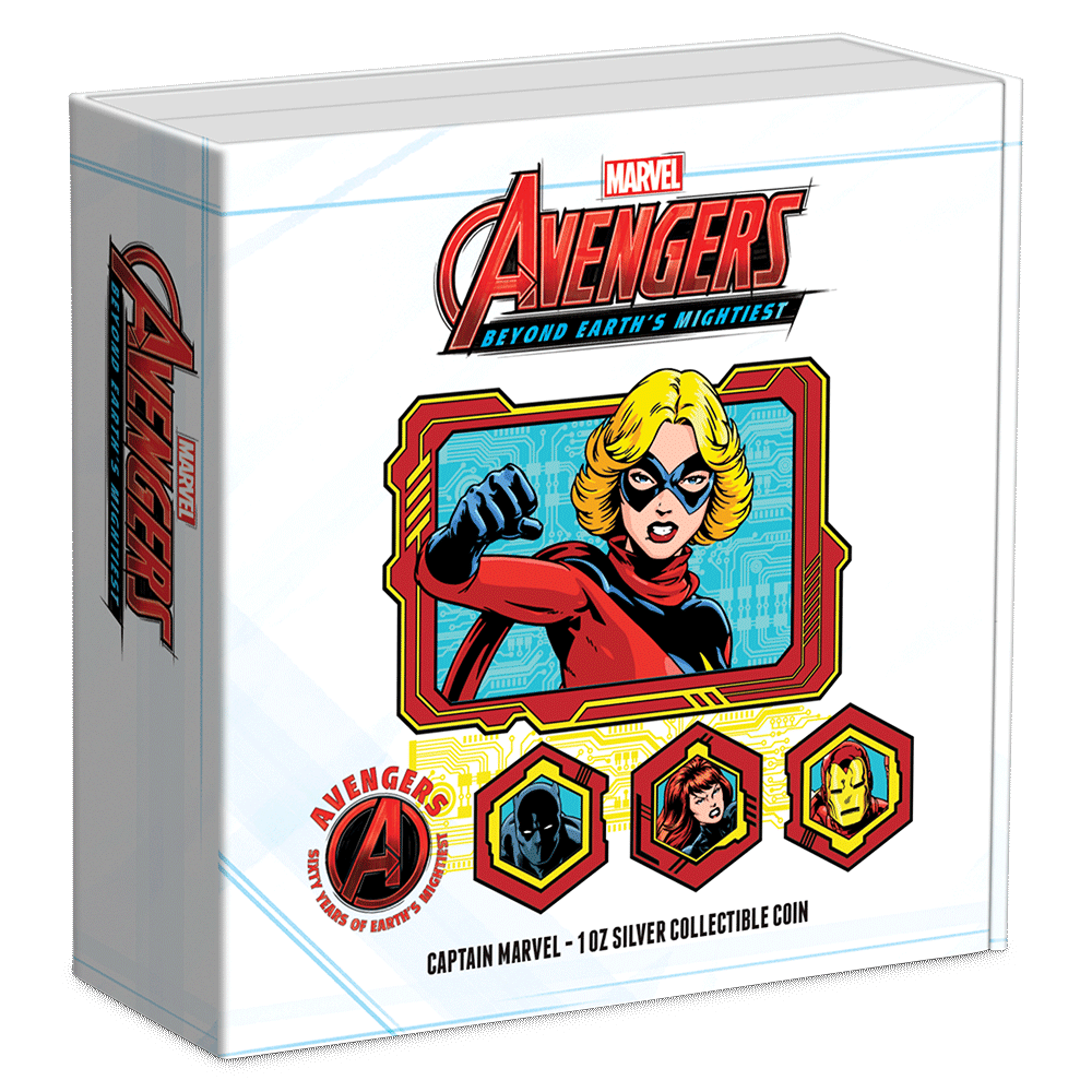 Marvel – Avengers 60th Anniversary – Captain Marvel 1oz Silver Coin Featuring Custom Book-Style Packaging with Printed Coin Specifications. 