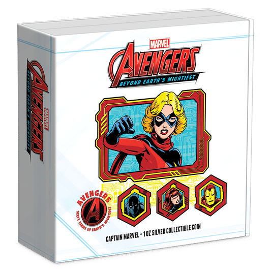 Marvel – Avengers 60th Anniversary – Captain Marvel 1oz Silver Coin Featuring Custom Book-Style Packaging with Printed Coin Specifications. 