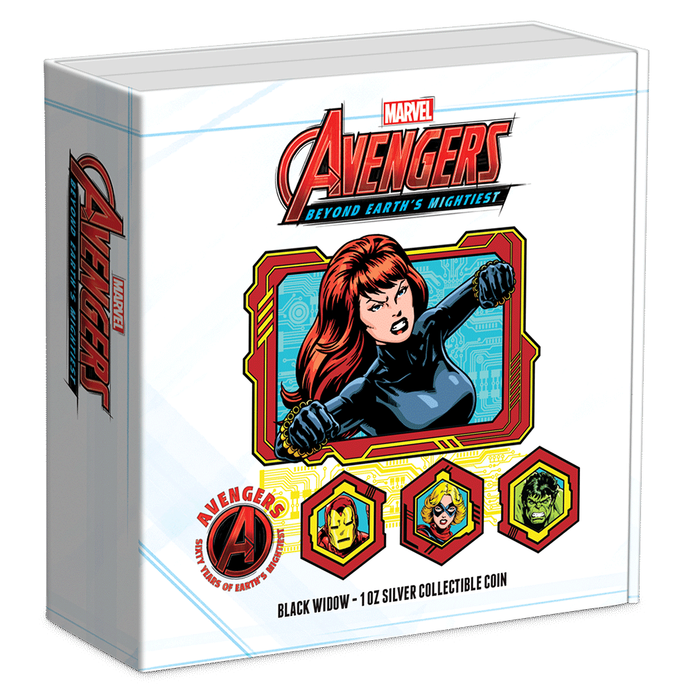 Marvel – Avengers 60th Anniversary – Black Widow 1oz Silver Coin Featuring Custom Book-Style Packaging with Printed Coin Specifications.