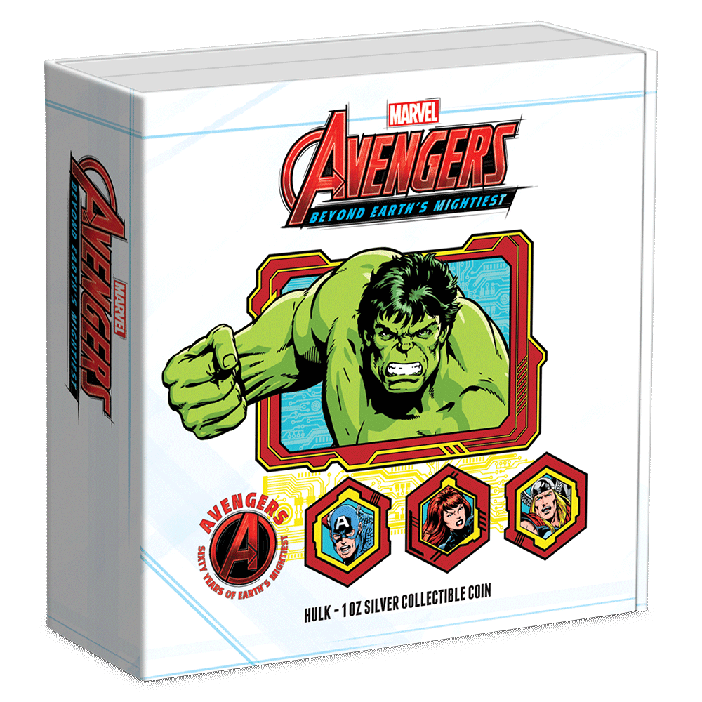 Marvel – Avengers 60th Anniversary – Hulk 1oz Silver Coin Featuring Custom Book-Style Packaging with Printed Coin Specifications.  