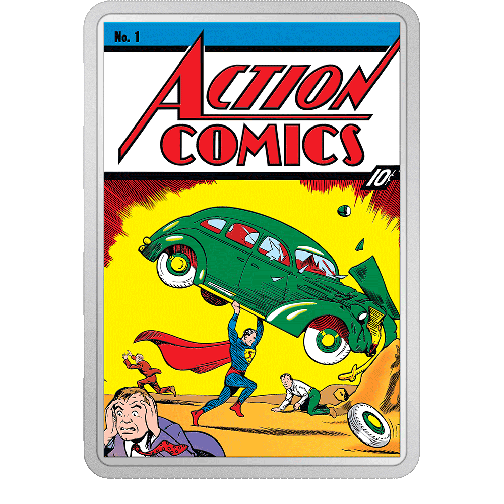 COMIX™ – Action Comics #1 2oz Silver Coin - Flat View.