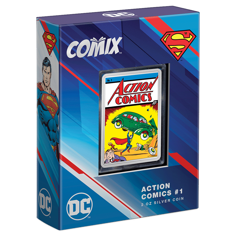 COMIX™ – Action Comics #1 2oz Silver Coin Featuring Custom Book-Style Packaging and Coin Specifications.  