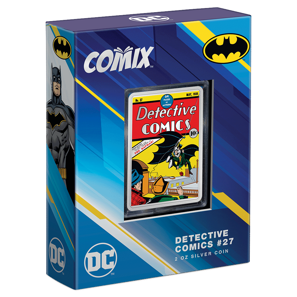 COMIX™ – Detective Comics #27 2oz Silver Coin Featuring Custom Book-Style Packaging with Printed Coin Specifications. 