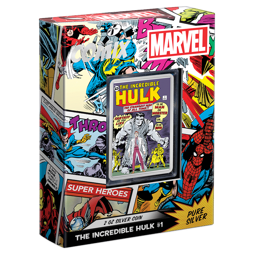 COMIX™ – Marvel The Incredible Hulk #1 2oz Silver Coin Featuring Slide Packaging with Coin Insert and Certificate of Authenticity Sticker and Coin Specs.