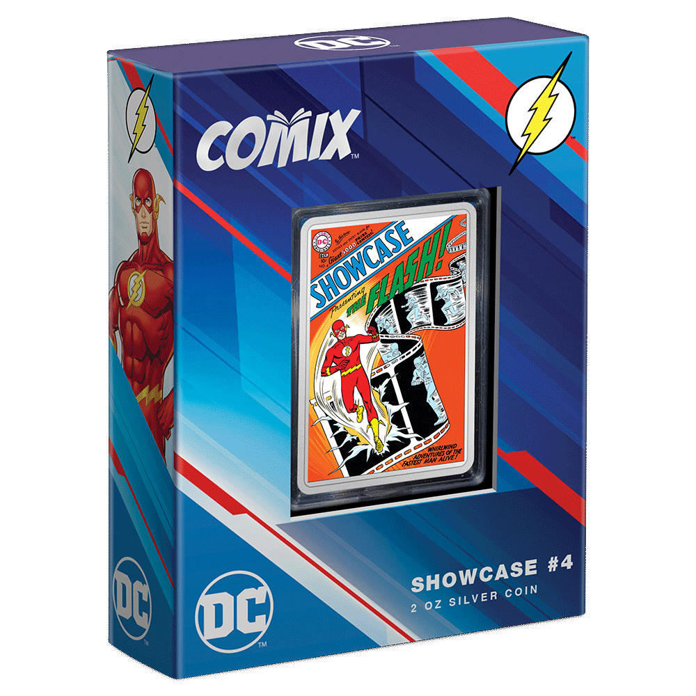 COMIX™ – Showcase #4 2oz Silver Coin Featuring Custom Book-Style Packaging and Coin Specifications. 