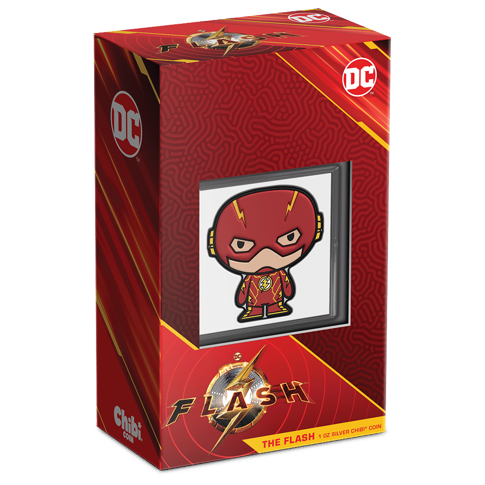 DC Comics - 2023 THE FLASH™ 1oz Silver Chibi® Coin Featuring Custom Packaging with Display Window and Certificate of Authenticity Sticker.