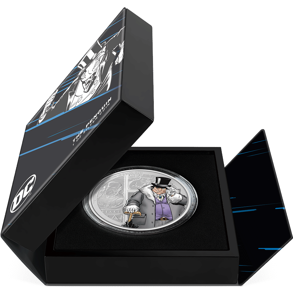 DC Villains – THE PENGUIN™ 1oz Silver Coin Featuring Book-style Packaging with Coin Insert and Certificate of Authenticity Sticker and Coin Specs.