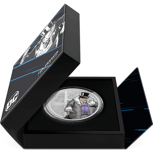 DC Villains – THE PENGUIN™ 1oz Silver Coin Featuring Book-style Packaging with Coin Insert and Certificate of Authenticity Sticker and Coin Specs.