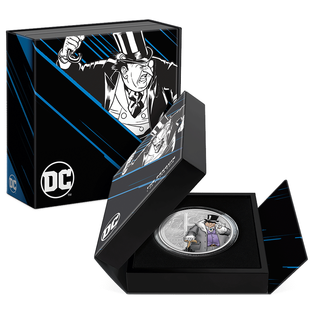 DC Villains – THE PENGUIN™ 1oz Silver Coin Featuring Custom Book-Style Packaging with Printed Coin Specifications. 