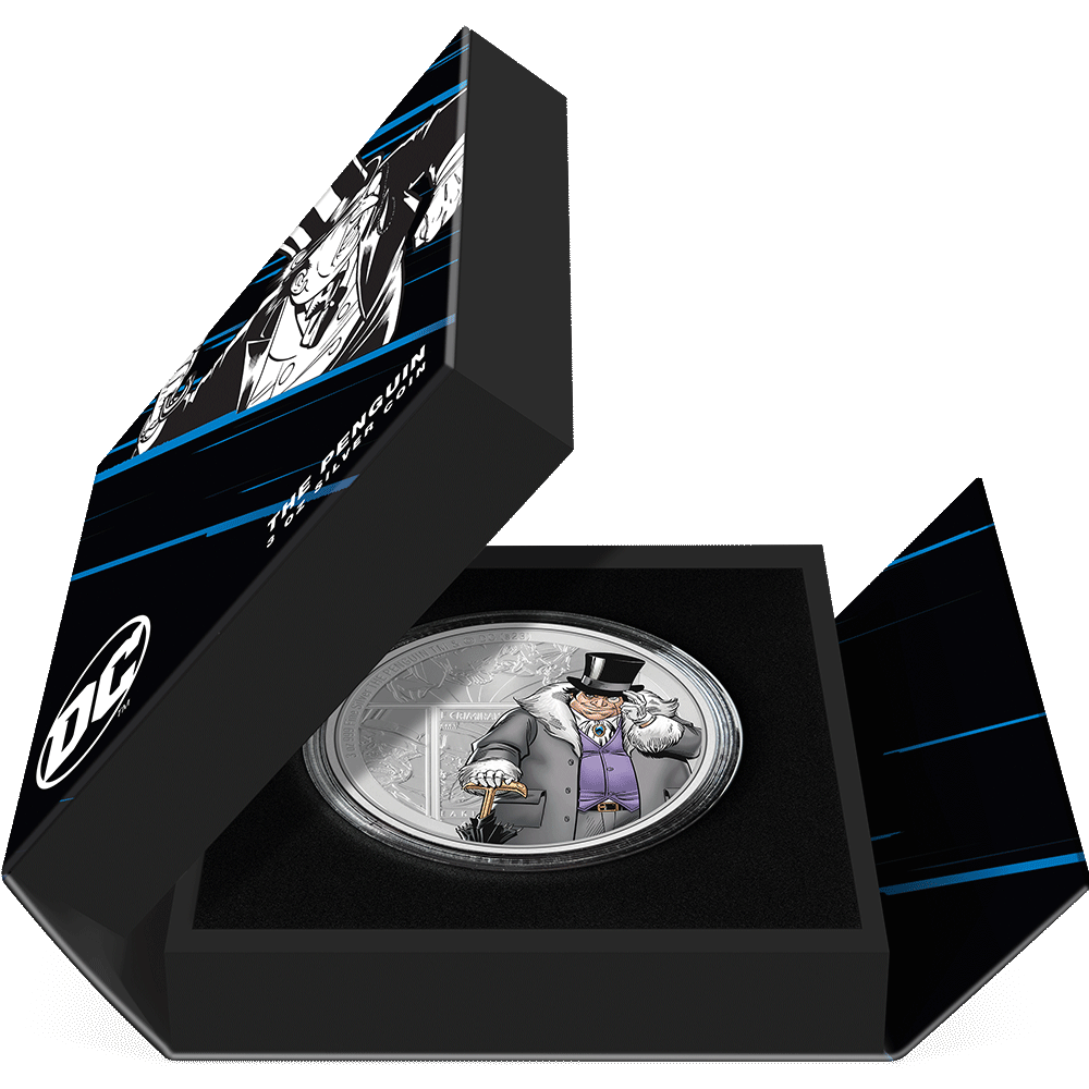 DC Villains – THE PENGUIN™ 3oz Silver Coin Featuring Book-style Packaging with Coin Insert and Certificate of Authenticity Sticker and Coin Specs.