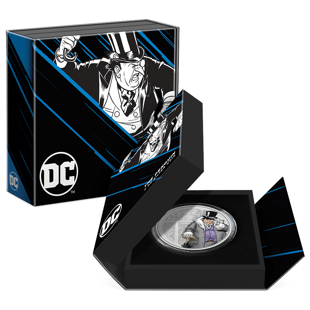 DC Villains – THE PENGUIN™ 3oz Silver Coin Featuring Custom Book-style Display Box With Brand Imagery.