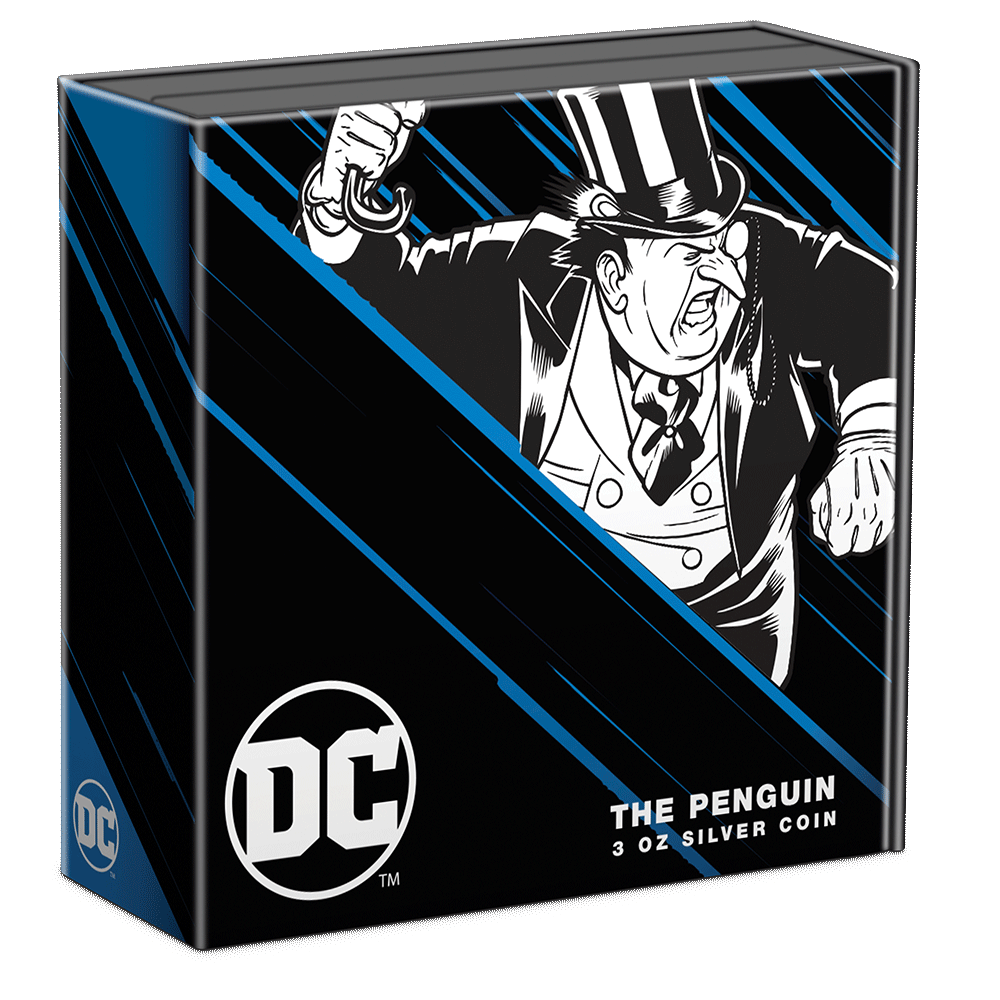 DC Villains – THE PENGUIN™ 3oz Silver Coin Featuring Custom Book-style Display Box With Brand Imagery.