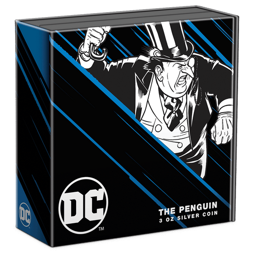 DC Villains – THE PENGUIN™ 3oz Silver Coin Featuring Custom Book-style Display Box With Brand Imagery.