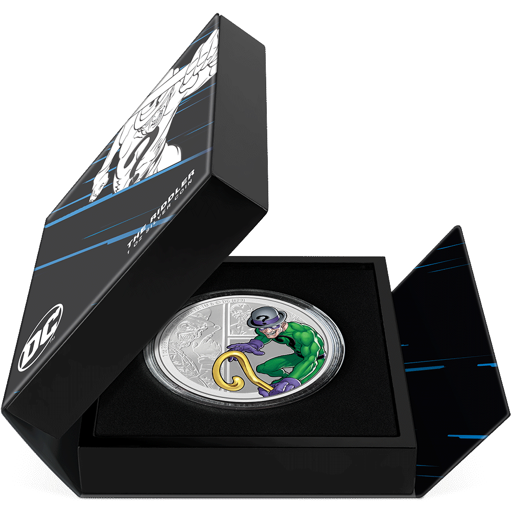 DC Villains – THE RIDDLER™ 1oz Silver Coin  Featuring Book-style Packaging With Custom Velvet Insert to House the Coin.