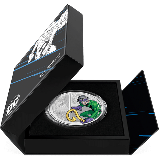 DC Villains – THE RIDDLER™ 1oz Silver Coin  Featuring Book-style Packaging With Custom Velvet Insert to House the Coin.