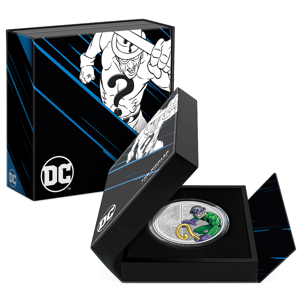 DC Villains – THE RIDDLER™ 1oz Silver Coin Featuring Custom-designed Book-style Packaging with Coin Insert and Certificate of Authenticity.