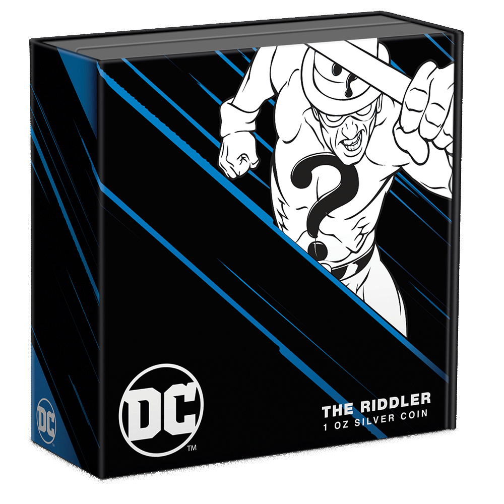 DC Villains – THE RIDDLER™ 1oz Silver Coin Featuring Custom Book-style Outer With Brand Imagery.