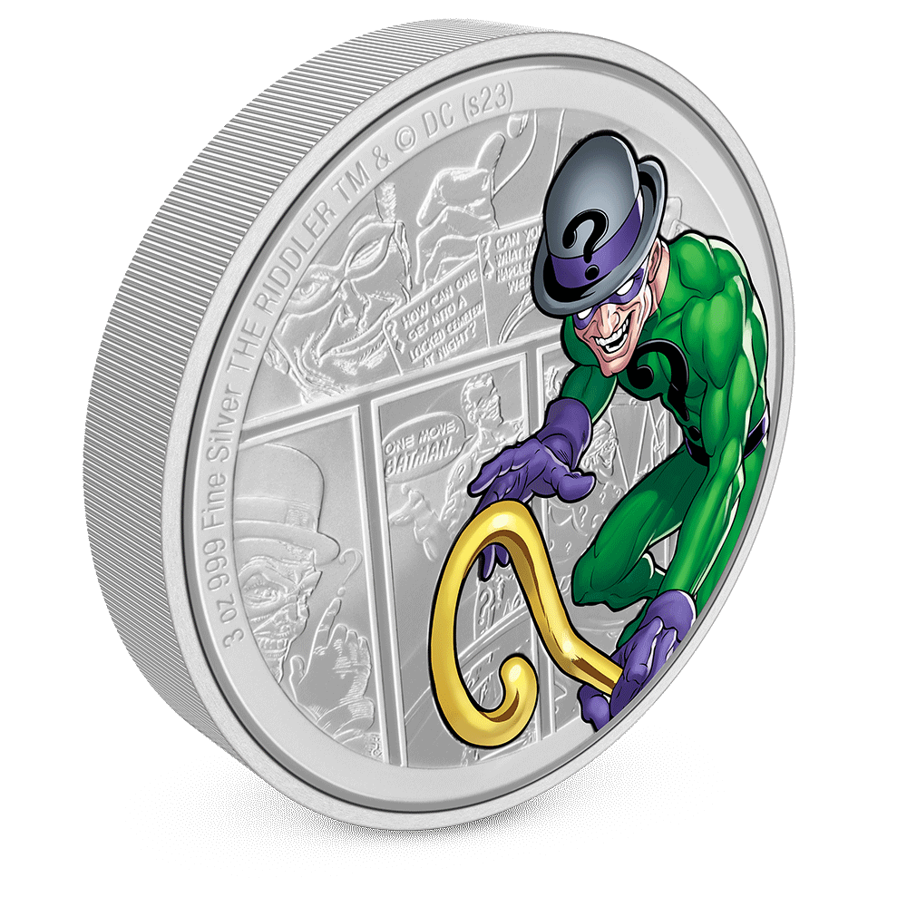 DC Villains – THE RIDDLER™ 3oz Silver Coin Featuring Milled Edge Finish.