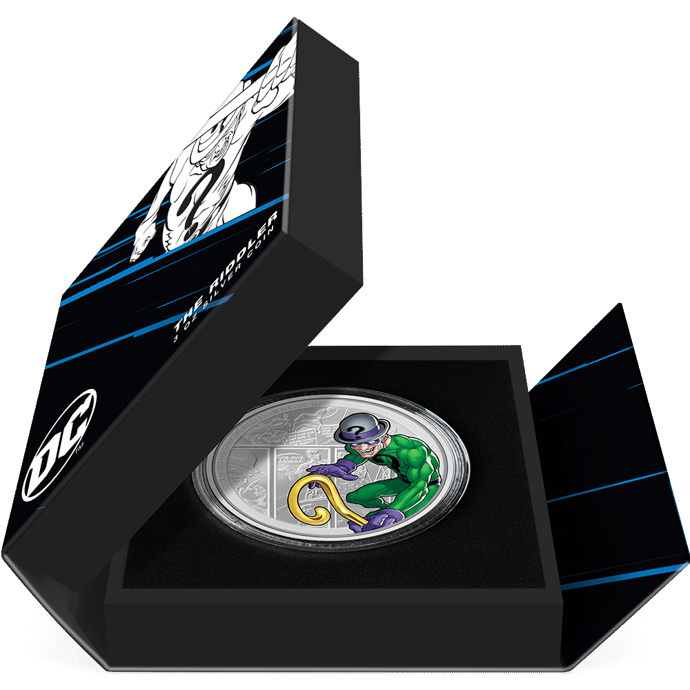 DC Villains – THE RIDDLER™ 3oz Silver Coin Featuring Book-style Packaging With Custom Velvet Insert to House the Coin.