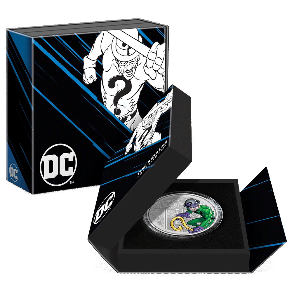 DC Villains – THE RIDDLER™ 3oz Silver Coin Featuring Custom-designed Book-style Packaging with Coin Insert and Certificate of Authenticity.