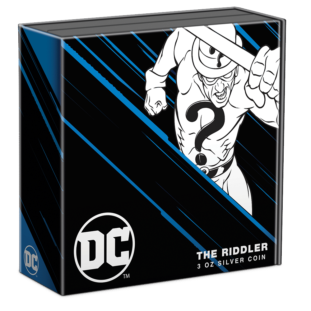 DC Villains – THE RIDDLER™ 3oz Silver Coin Featuring Custom Book-style Outer With Brand Imagery.