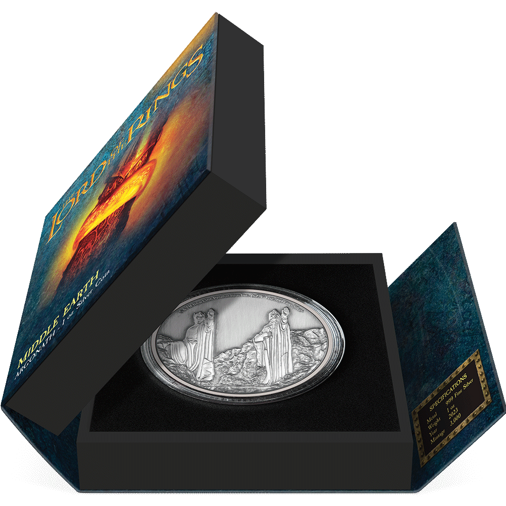 THE LORD OF THE RINGS™ – Argonath 1oz Silver Coin Featuring Book-style Packaging with Coin Insert and Certificate of Authenticity Sticker and Coin Specs.