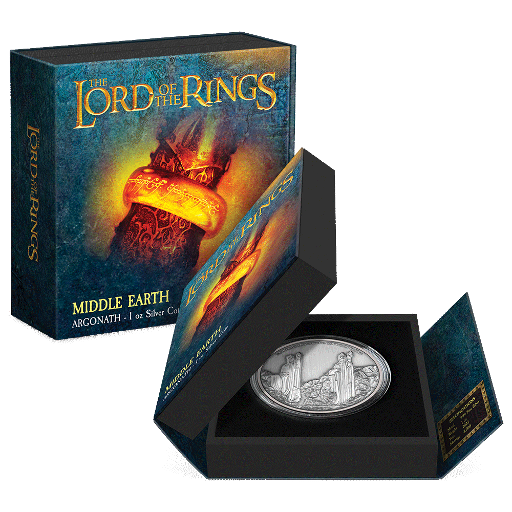 THE LORD OF THE RINGS™ – Argonath 1oz Silver Coin Featuring Custom Book-Style Packaging and Specifications.  