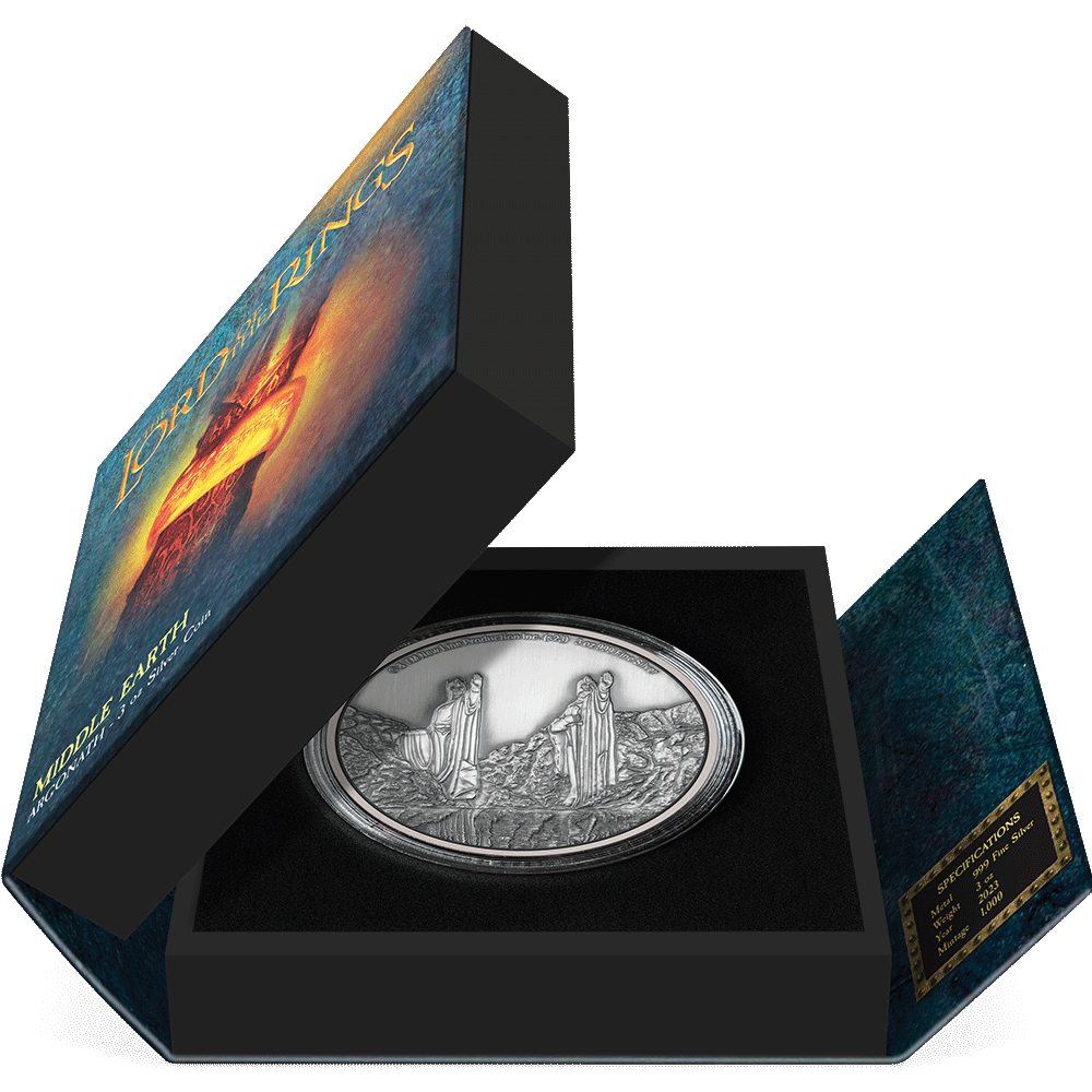 THE LORD OF THE RINGS™ – Argonath 3oz Silver Coin Featuring Book-style Packaging with Coin Insert and Certificate of Authenticity Sticker and Coin Specs. 