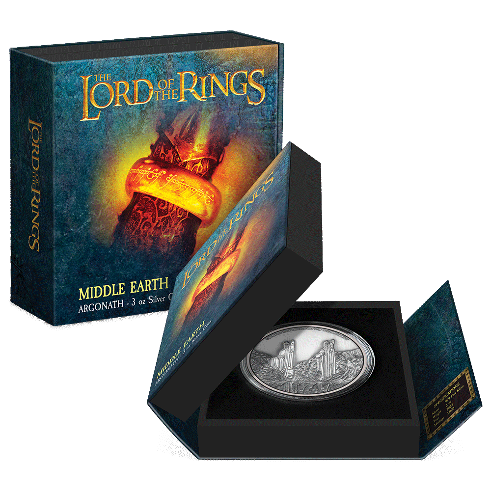 THE LORD OF THE RINGS™ – Argonath 3oz Silver Coin Featuring Custom Book-Style Packaging and Specifications.  