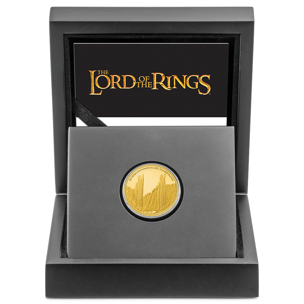 THE LORD OF THE RINGS™ – Argonath 1/4oz Gold Coin with Custom Designed Wooden Box with Display Ledge.