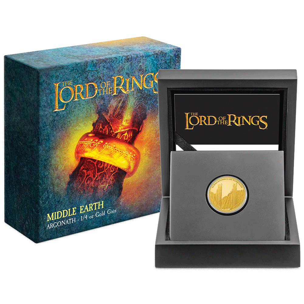 THE LORD OF THE RINGS™ – Argonath 1/4oz Gold Coin with Custom-Designed Wooden Box with Certificate of Authenticity Holder and Viewing Insert. 