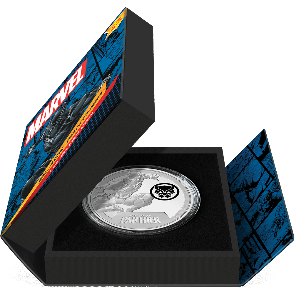 Marvel Black Panther 1oz Silver Coin Featuring Book-style Packaging with Coin Insert and Certificate of Authenticity Sticker and Coin Specs.