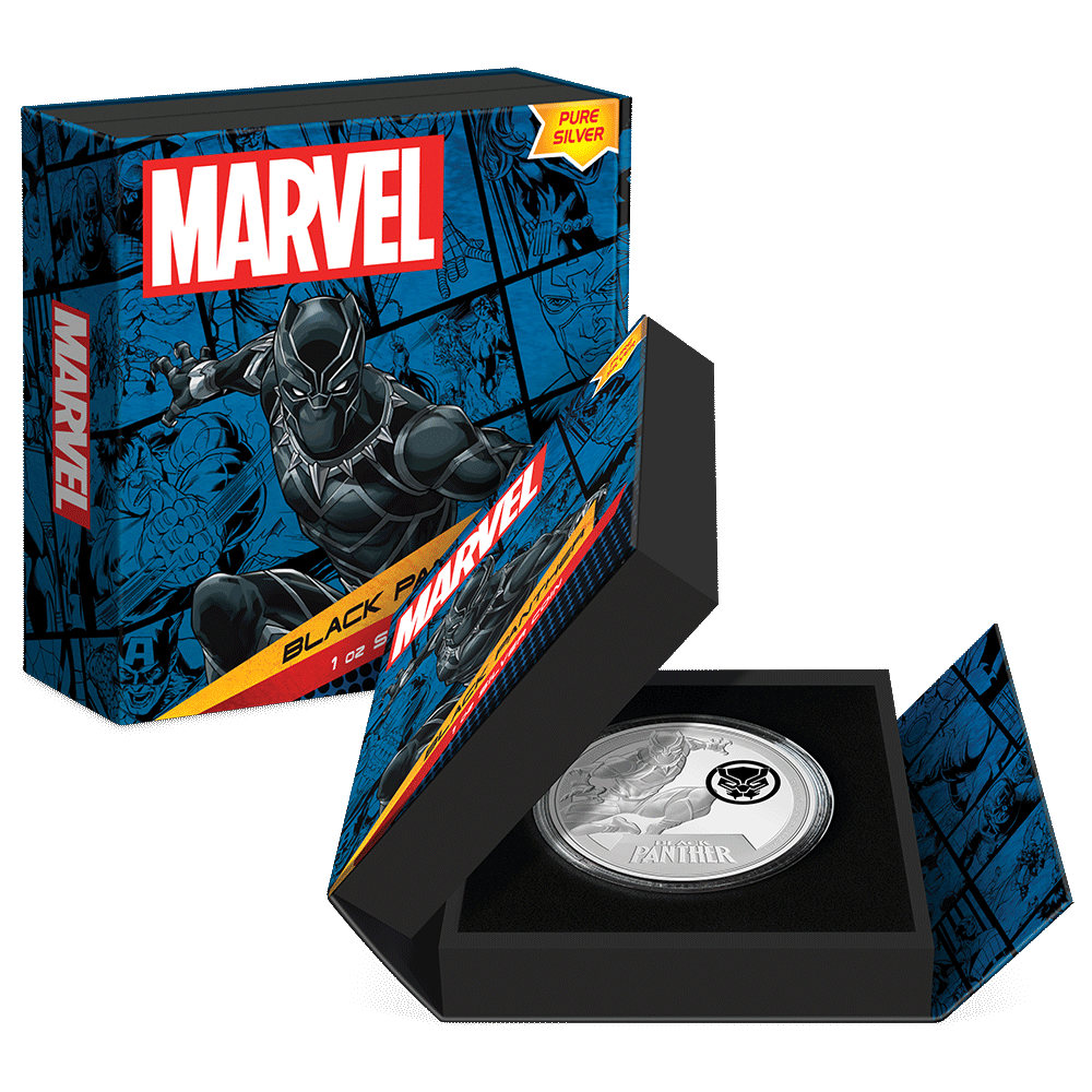 Marvel Black Panther 1oz Silver Coin Featuring Custom Book-Style Packaging with Printed Coin Specifications. 