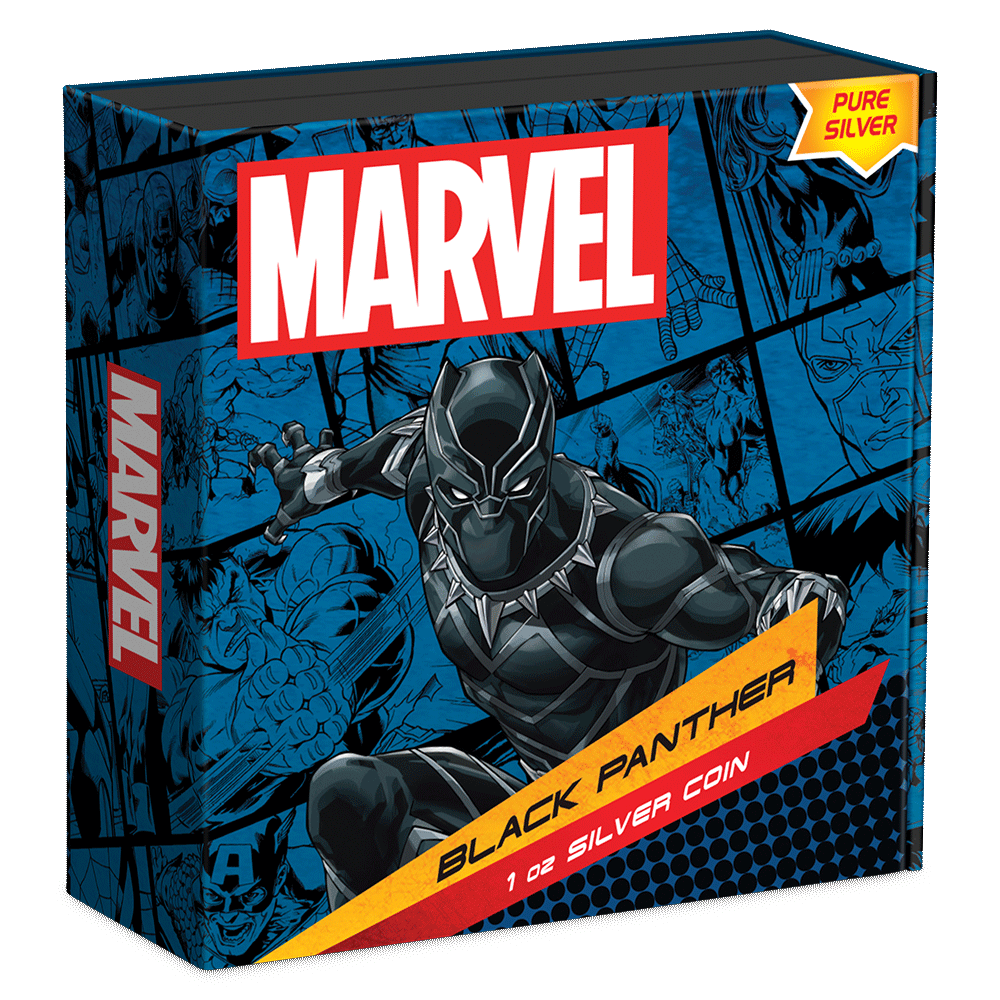 Marvel Black Panther 1oz Silver Coin Featuring Custom Book-style Display Box With Brand Imagery.