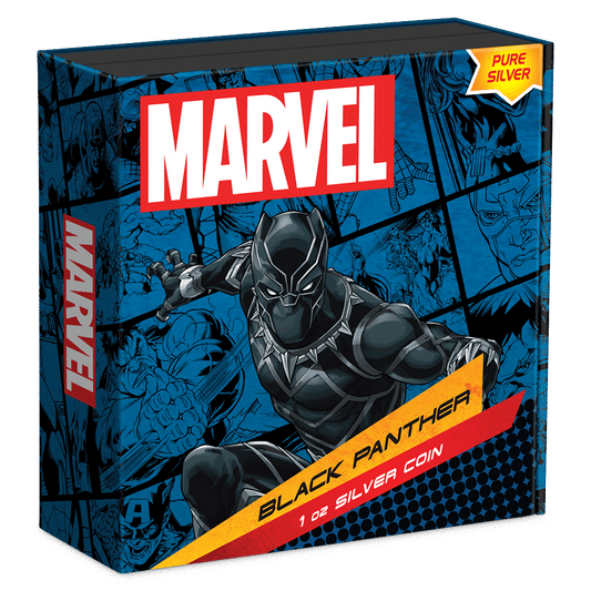 Marvel Black Panther 1oz Silver Coin Featuring Custom Book-style Display Box With Brand Imagery.