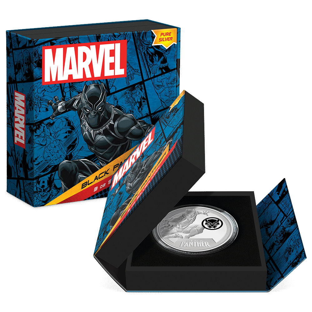 Marvel Black Panther 3oz Silver Coin Featuring Custom Book-Style Packaging with Printed Coin Specifications. 