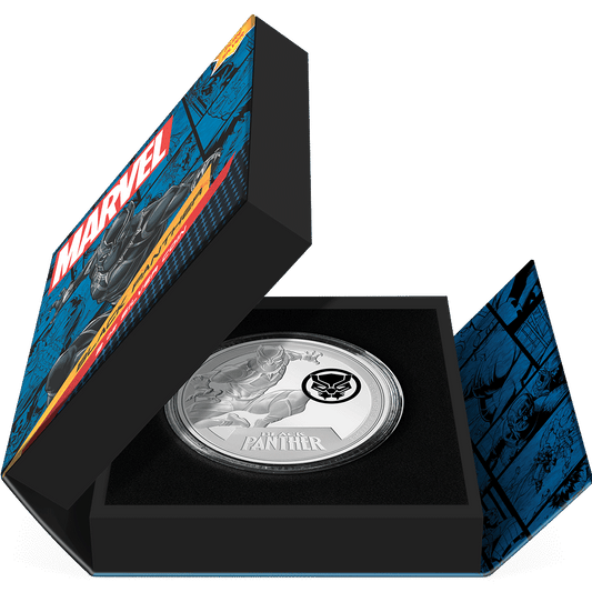 Marvel Black Panther 3oz Silver Coin Featuring Book-style Packaging with Coin Insert and Certificate of Authenticity Sticker and Coin Specs.