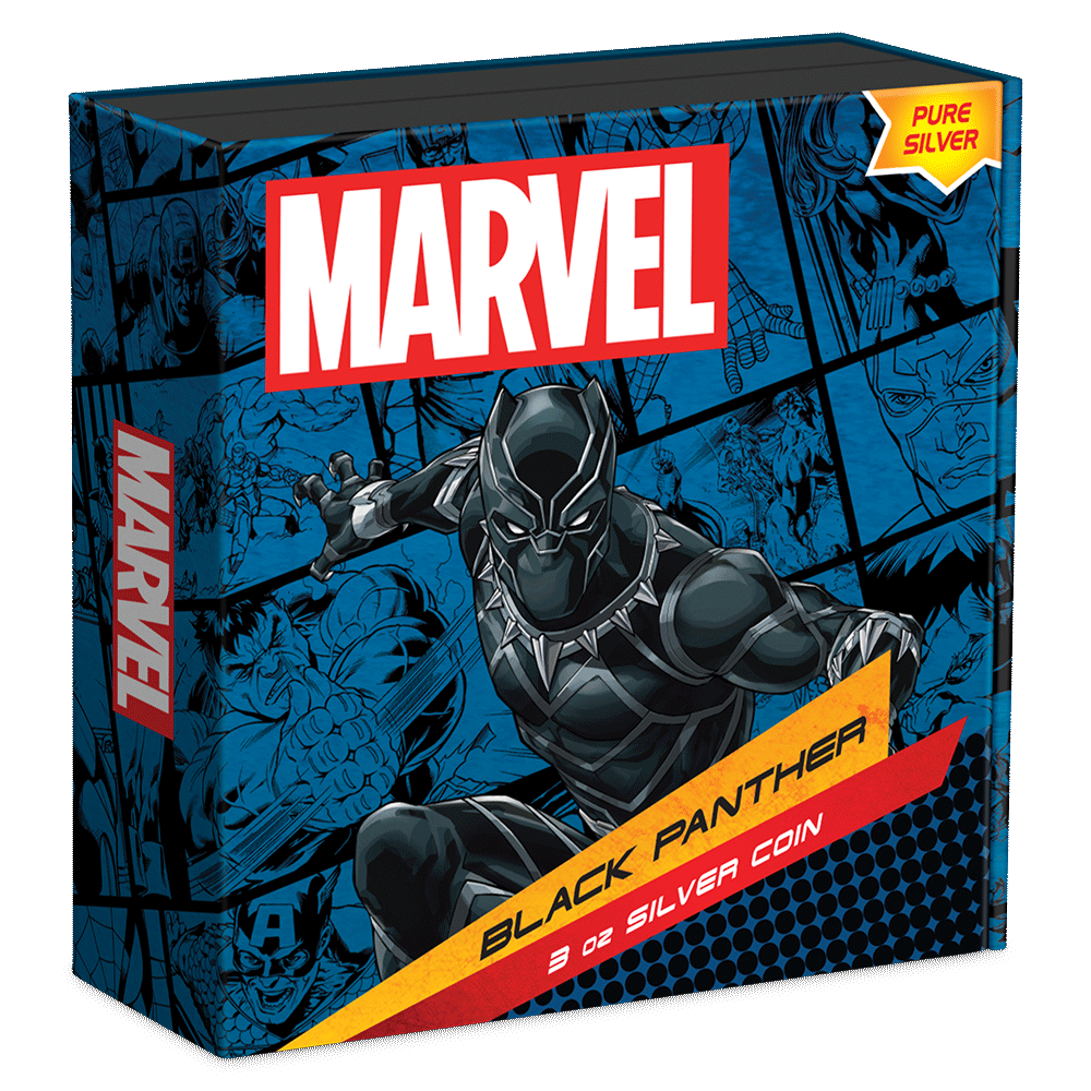 Marvel Black Panther 3oz Silver Coin Featuring Custom Book-style Display Box With Brand Imagery.