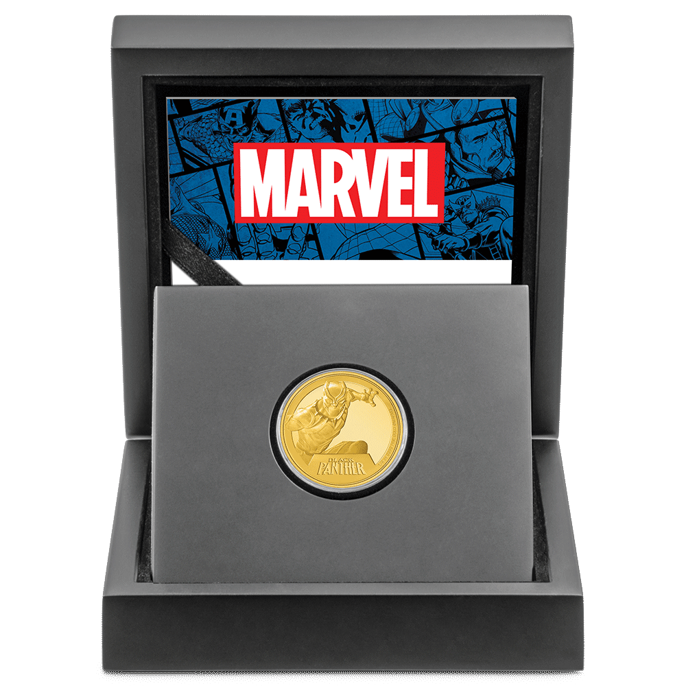 Marvel Black Panther 1/4oz Gold Coin with Custom Designed Wooden Box with Display Ledge and Certificate of Authenticity.