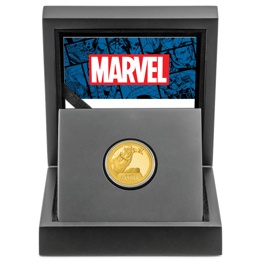 Marvel Black Panther 1/4oz Gold Coin with Custom Designed Wooden Box with Display Ledge and Certificate of Authenticity.