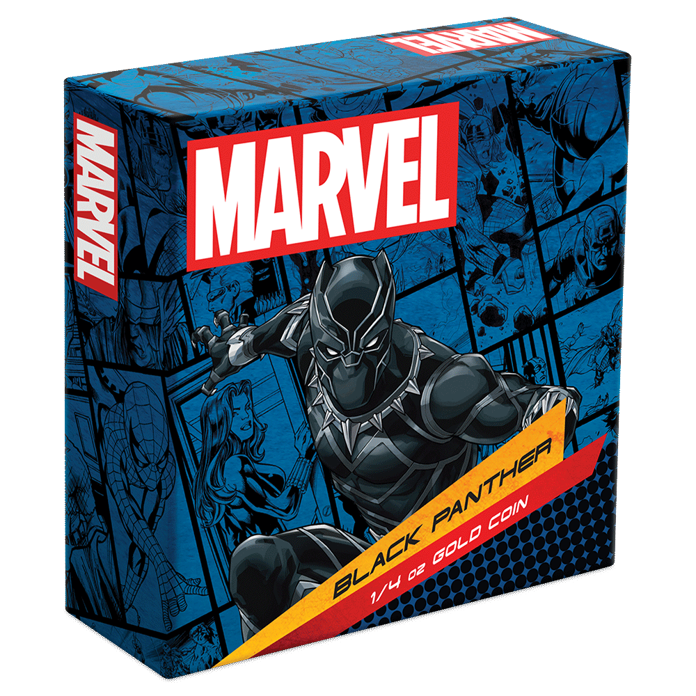 Marvel Black Panther 1/4oz Gold Coin Featuring Custom-Designed Outer Box With Brand Imagery.