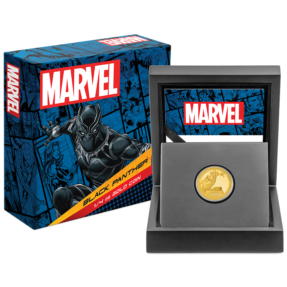 Marvel Black Panther 1/4oz Gold Coin with Custom-Designed Wooden Box with Certificate of Authenticity Holder and Viewing Insert. 