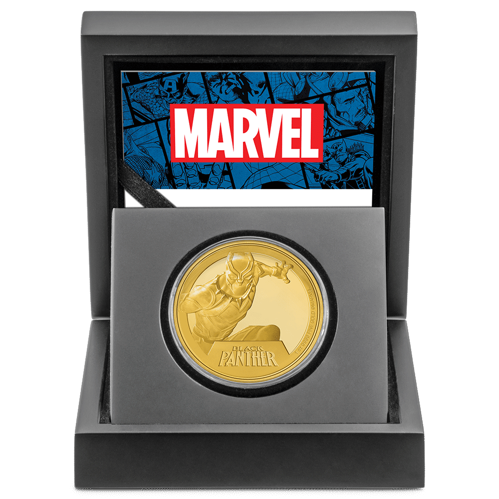 Marvel Black Panther 1oz Gold Coin with Custom Designed Wooden Box with Display Ledge and Certificate of Authenticity.