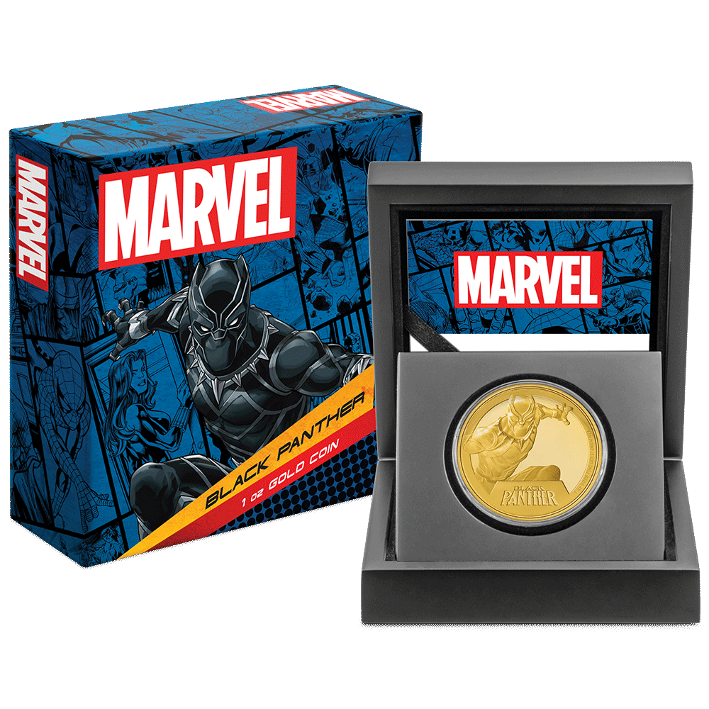 Marvel Black Panther 1oz Gold Coin with Custom-Designed Wooden Box with Certificate of Authenticity Holder and Viewing Insert. 