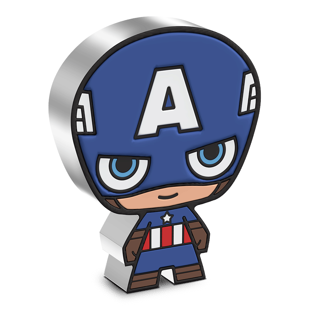 No one dons the stars and stripes quite like Marvel’s Captain America! Coloured and shaped to resemble Captain America standing ready to fight for freedom in his famous blue, white and red suit. - New Zealand Mint