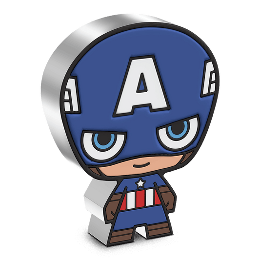 No one dons the stars and stripes quite like Marvel’s Captain America! Coloured and shaped to resemble Captain America standing ready to fight for freedom in his famous blue, white and red suit. - New Zealand Mint