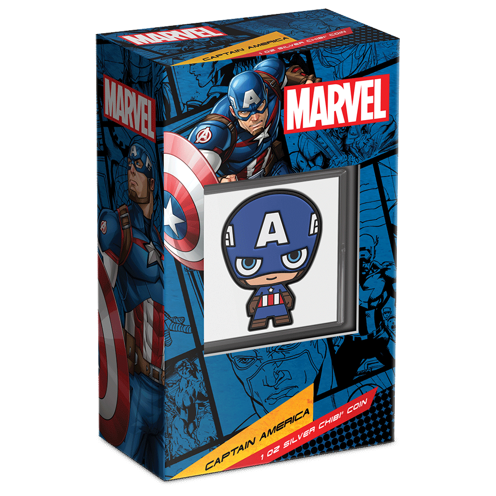 Marvel – Captain America 1oz Silver Chibi® Coin Featuring Custom Packaging with Display Window and Certificate of Authenticity Sticker.